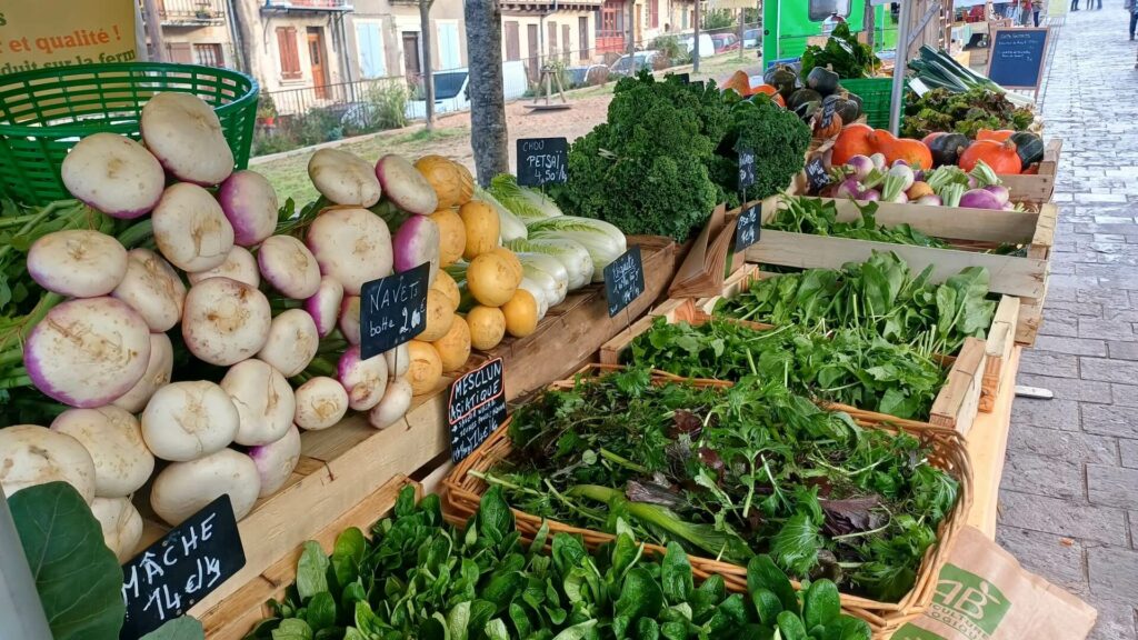 Une étale du marché local avec les légumes de novembre